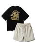 ALVINCLO [Set] Rubber Puppy Oversized Short Sleeve T-Shirt & String Detail Woven Shorts Set