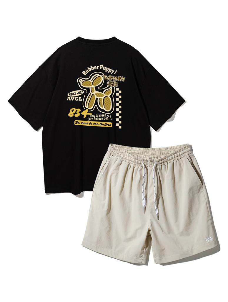 ALVINCLO [Set] Rubber Puppy Oversized Short Sleeve T-Shirt & String Detail Woven Shorts Set