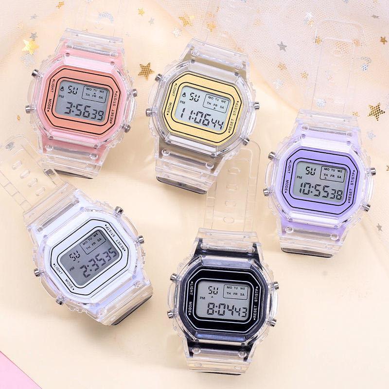 Waterproof Student Sport Digital Watch with Transparent Square Design and Luminous Alarm