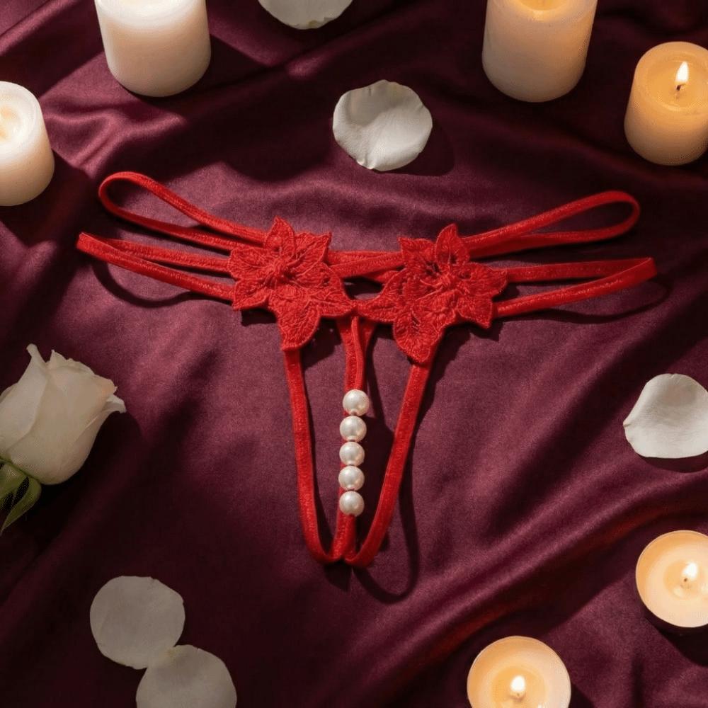 Hollow-out Women's Thong Low-waist Mesh Lace Briefs Breathable Pearl Lace Underwear Female