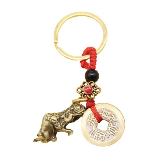 Retro Copper Keychain Pendant with Five Emperors Money Feng Shui Twelve Animal Charm Good Fortune Red Rope Key Chain Bag Car Accessory