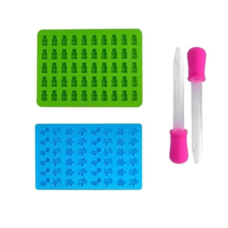 Gummy Bear Mold Silicone Chocolate Mold with 2pcs Dropper DIY Dinosaur/Bear/Heart and Mini Donuts Festival Party Baking Mold