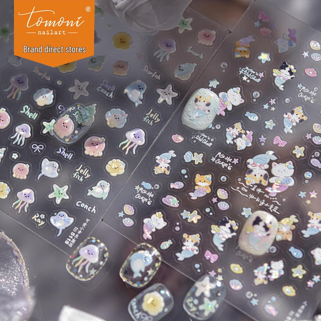 Tomoni Mermaid Cat Nail Stickers: Fresh & Cute Shell Light Children's Nail Art