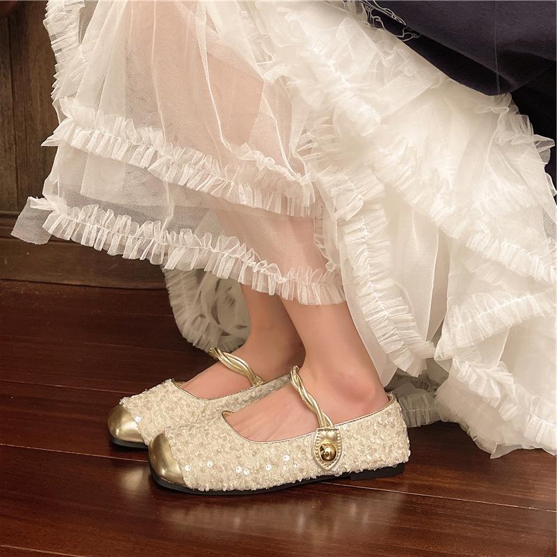 French sequined silver bag head half slippers women's 2025 spring and summer Xiaoxiangfeng Korean version temperament Mary Jane single shoes women's