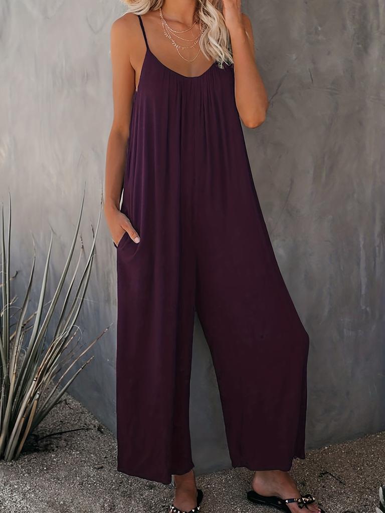 Large Size Women's Jumpsuit, Casual Fashion Temperament Solid Color Suspender Jumpsuit Women