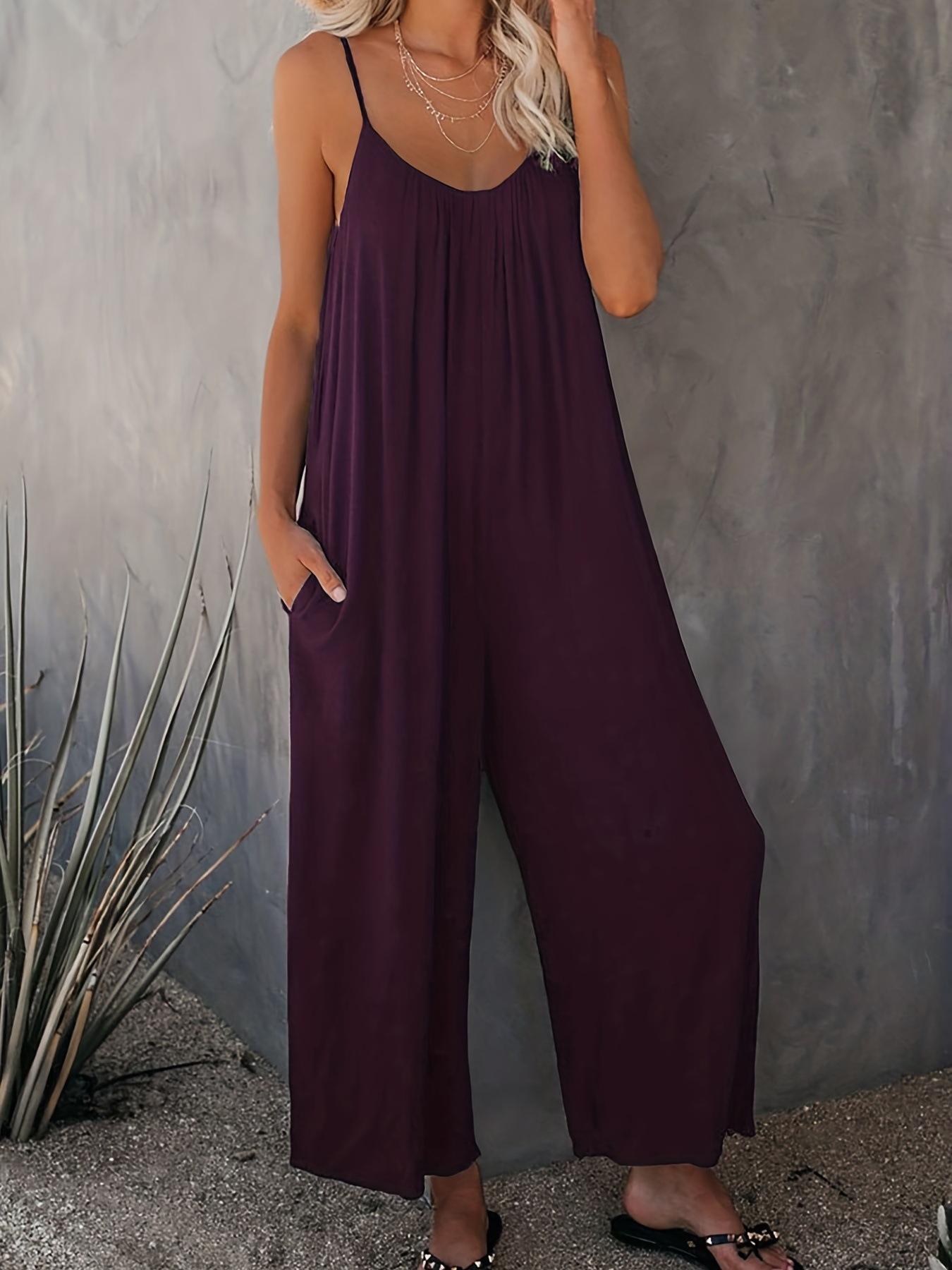Large size women s jumpsuit, casual fashion temperament solid color suspender jumpsuit women XL фиолетовый