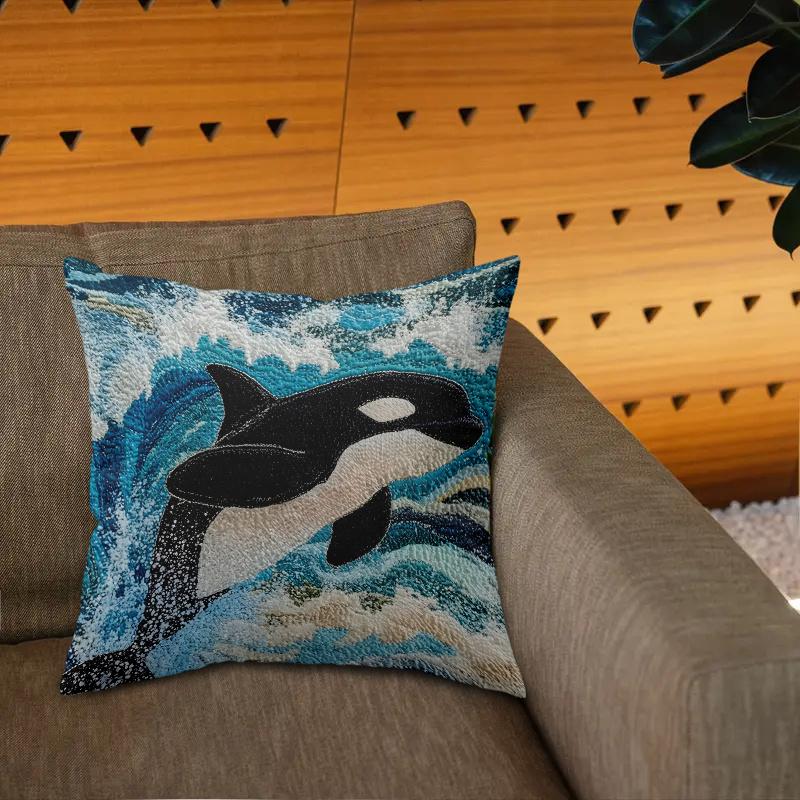 Federa per Cuscino Decorativa Bilaterale Orca Balena Assassina Stampa Onda Oceanica 2D per Arredamento Casa