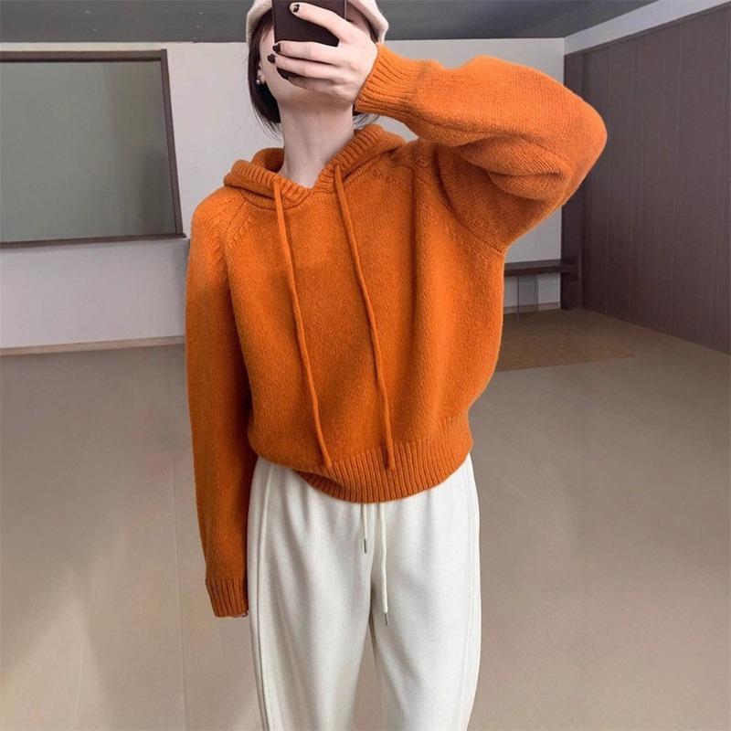 Design sense niche hooded knitted sweater top women's autumn and winter new small wear loose pullover sweater