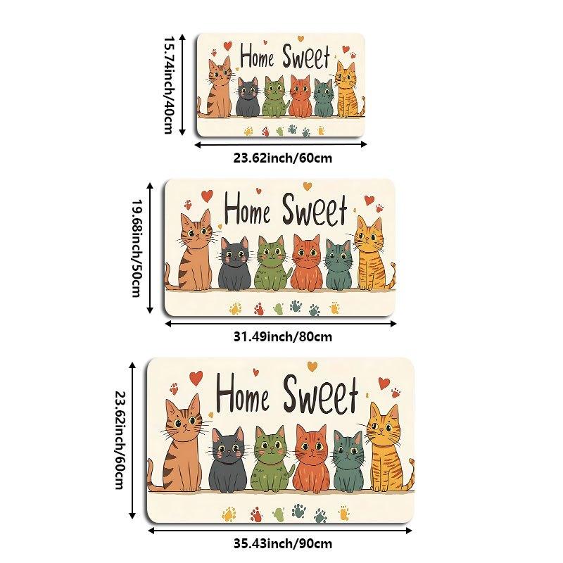 "Home Sweet Home" Cat Rug – Cute Cartoon Design, Soft Flannel Mat for Living Room, Bedroom, Entryway