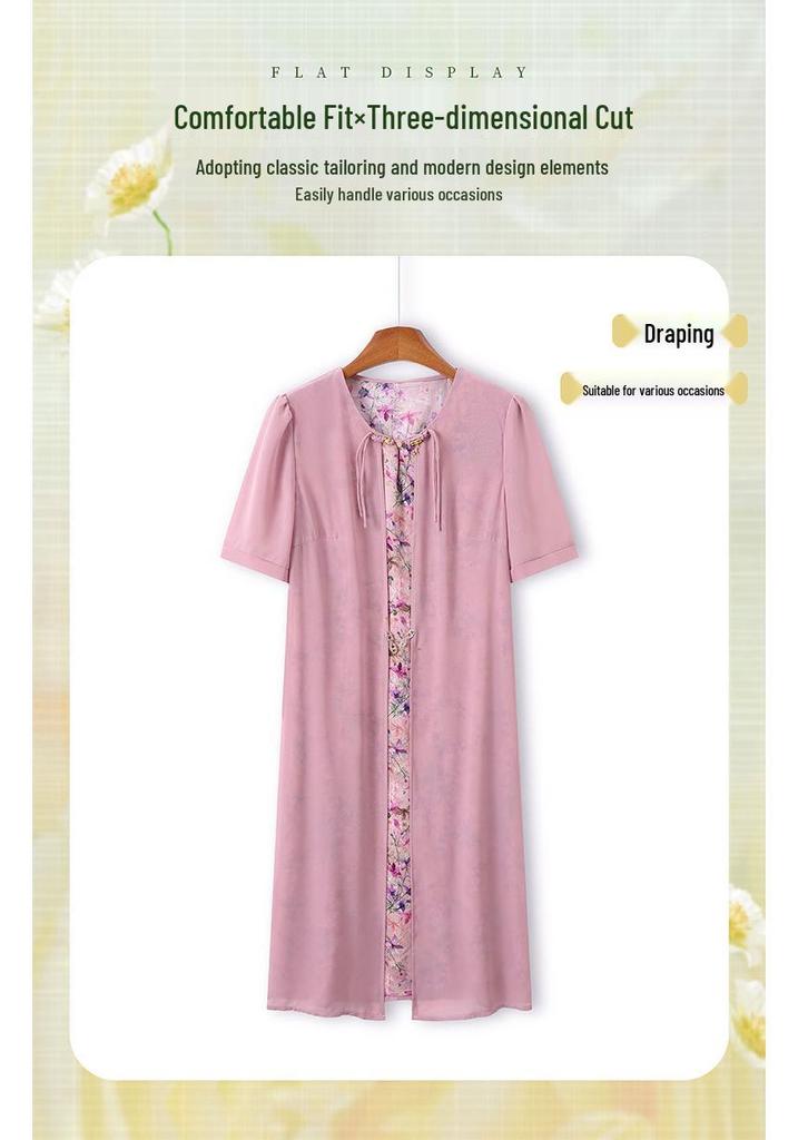 Mom's Summer New Chinese Short Sleeve Plus Size Chiffon Dress for Middle-Aged & Elderly Women - National Style Belly Cover