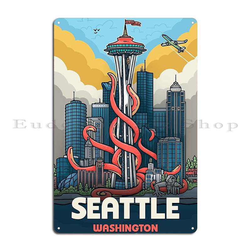 

Seattle Space Needle Kraken Diamond Metal Plaque Garage Club Designing Wall Decor Custom Tin Sign Poster 20x30cm（7.8x11.8inch）