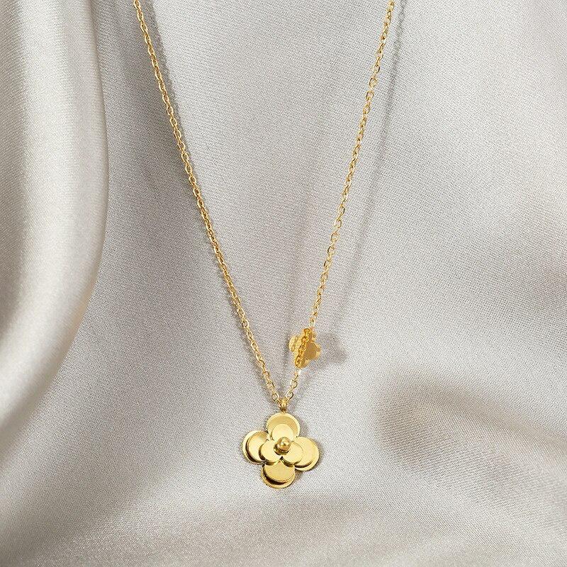 Three-dimensional Camellia Flower Golden Titanium Steel Necklace Ladies Exaggerated Personality Matching Jewelry Pendant