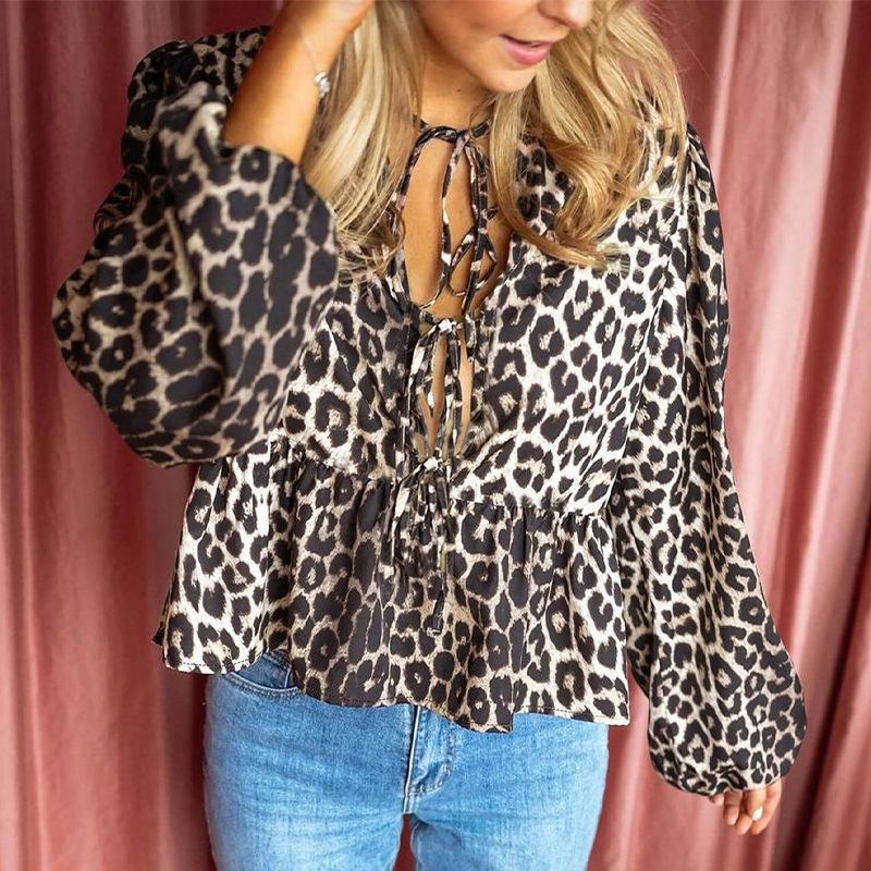 Women's Autumn New Fashion Leopard Print Long-sleeved Shirt Loose Lace-up Sexy Shirt Pullover Top