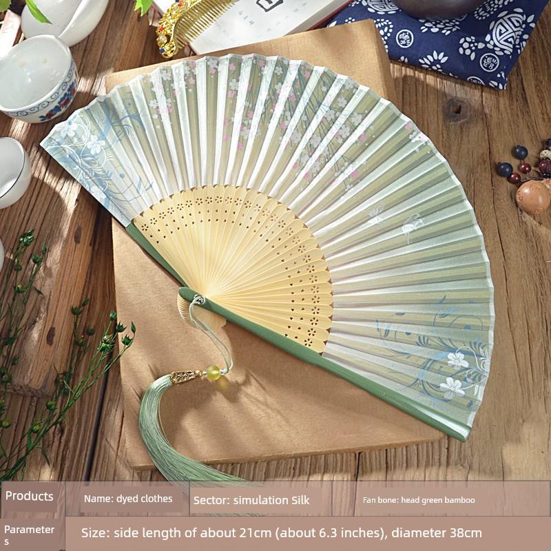 Vintage-Style Portable Green Folding Fan for Women, Suitable for Hanfu, Cheongsam, Classical Dance, and Summer Use