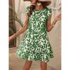Women's Round Neck Ruffle Sleeve Mini Dress Loose Leaf Print Summer Casual Sundress