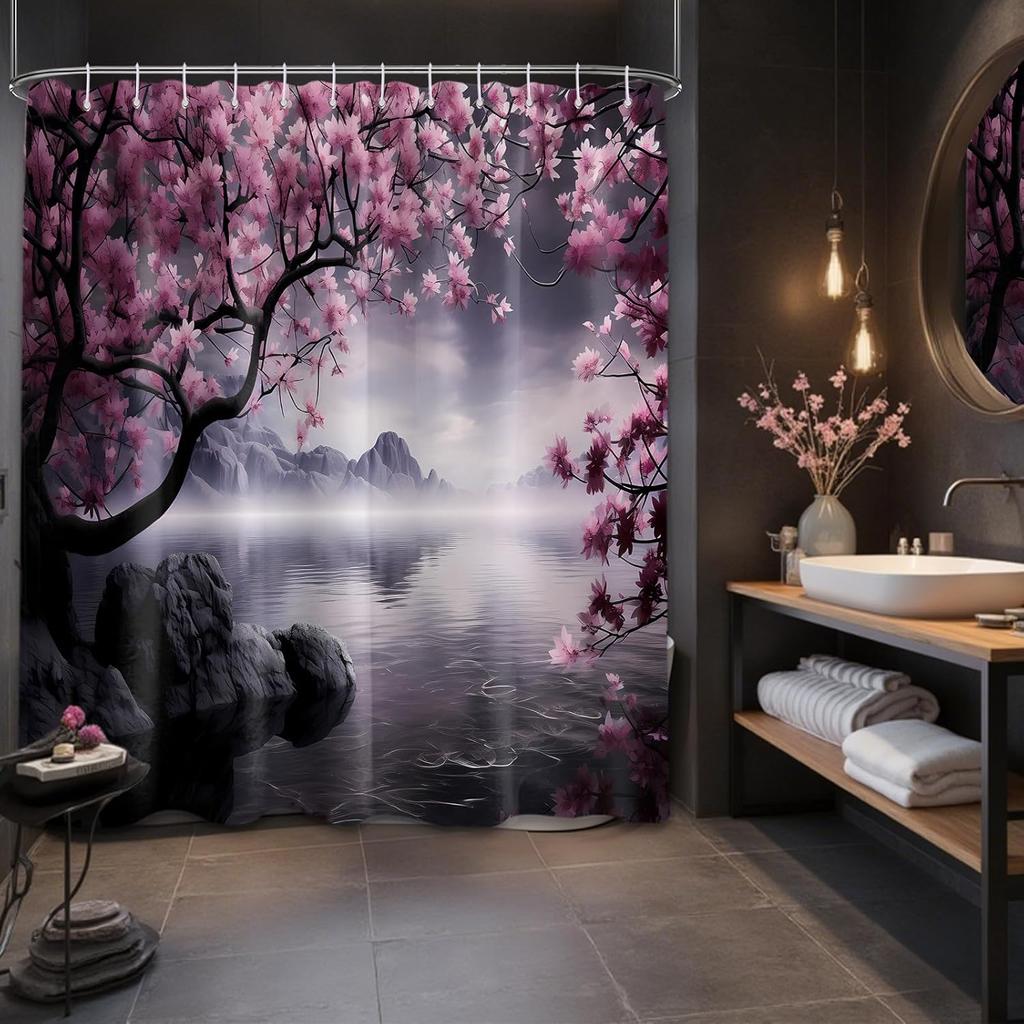 Japanese Shower Curtain Asian Cherry Blossom Bathroom Decor Mountain Bath Curtain, Waterproof Cloth Fabric With Hooks