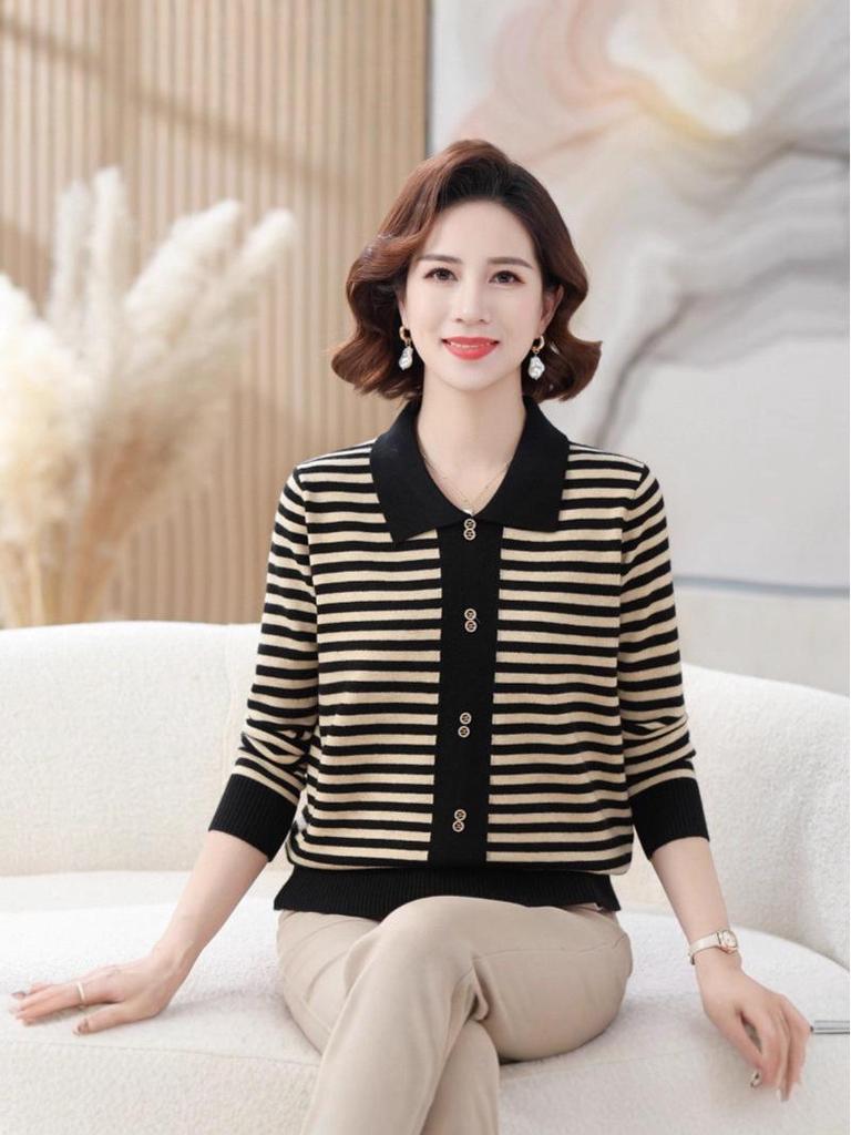 Elegant Women's Striped Knit Sweater with Turn-Down Collar - Versatile Fall Fashion for Moms