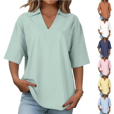 Women's Fashion V-neck Cotton Linen Short Sleeve Hundred And One Color Loose Shirt Top
