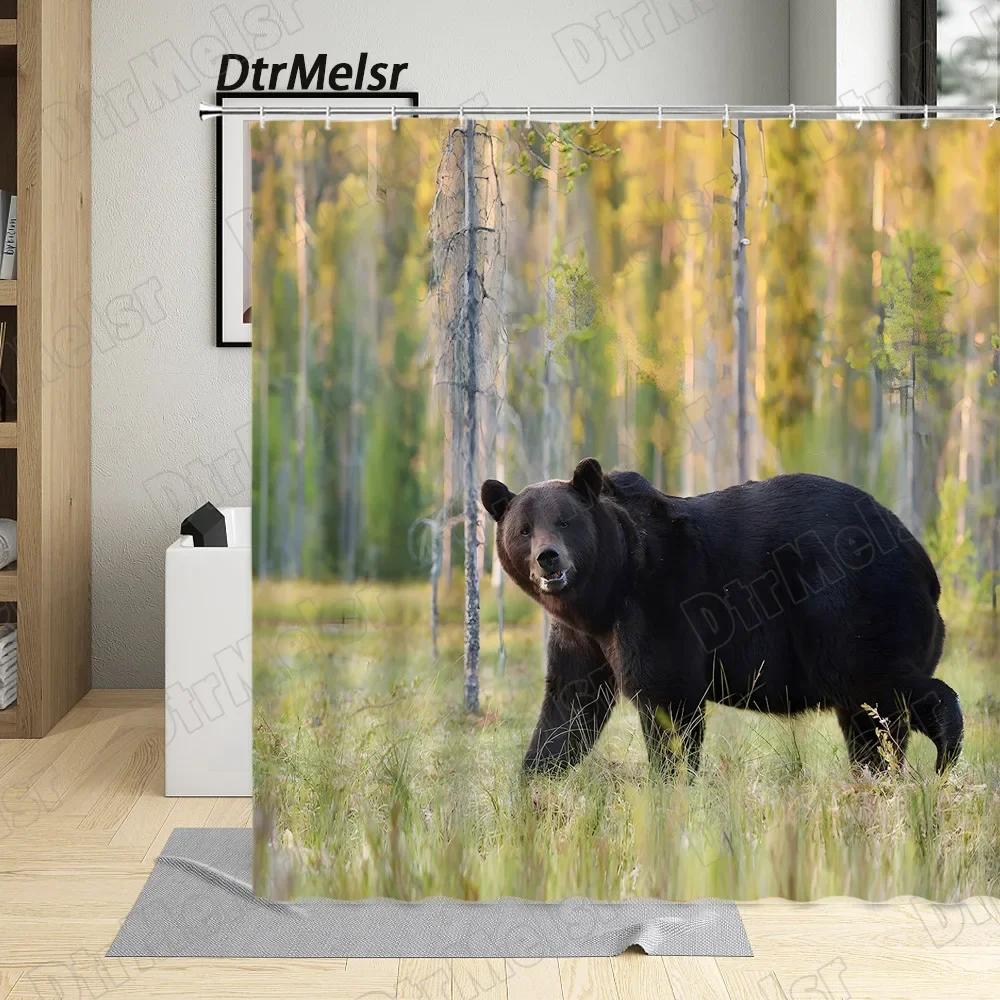 Wild Brown Bear Shower Curtains Funny Animals Autumn Rural Forest Landscape Bath Curtain Modern Fabric Home Bathroom Decor Set