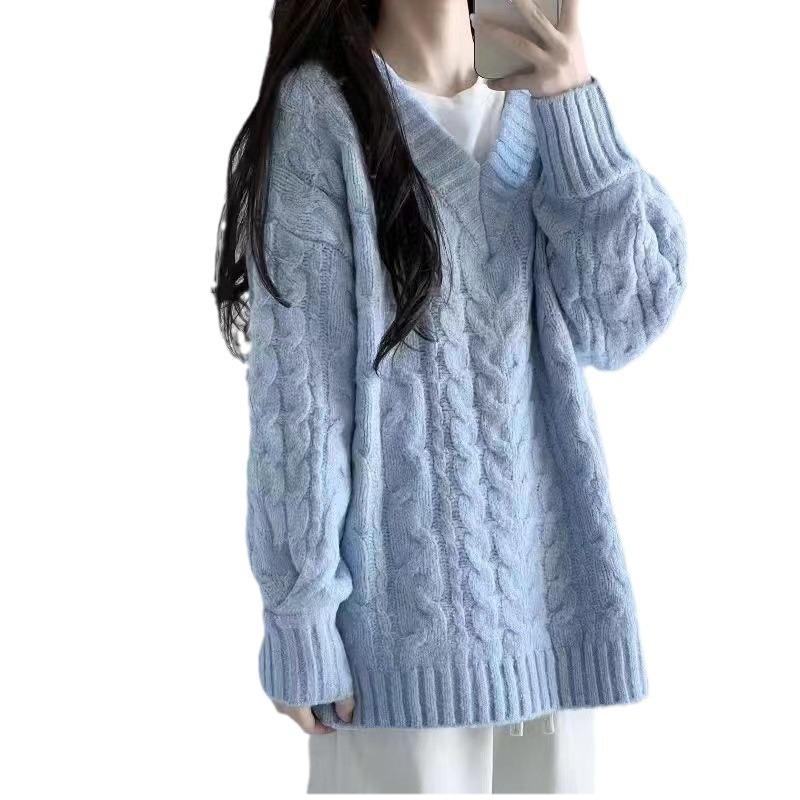 Autumn and winter new loose pullover knitted sweater thickened medium and long sweater women's lazy wind v-neck twist top