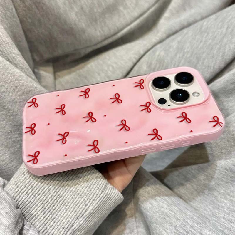 Red Bow Dots Folds Texture Phone Case For iPhone 11 Funda iPhone 17 13 14 15 16 Pro Max 12 Plus 14promax Shockproof Soft Cover