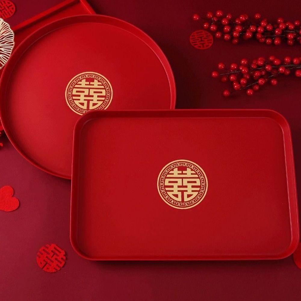 1Pcs Festive Supplies Xi Tray Wedding Banquet Chinese Traditional Plate Durable Red Tray