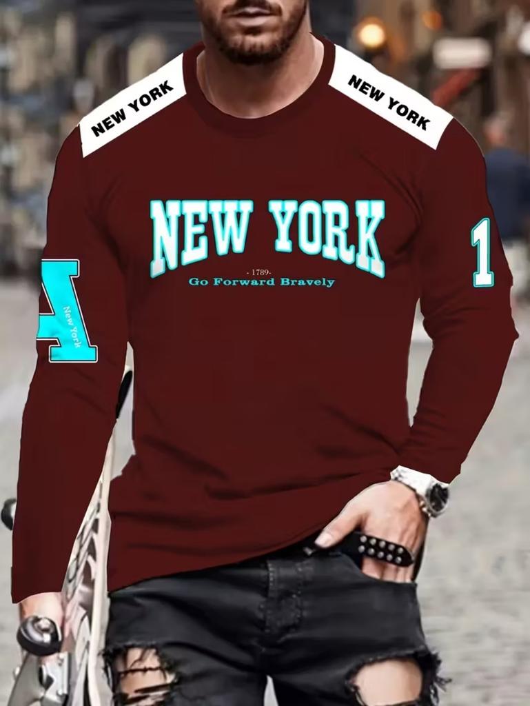 Mens T Shirt Los Angeles 3D Print Long Sleeve Autumn Striped Round Neck Outdoor Sports T-Shirt for Men Daily Men's Tops Clothing