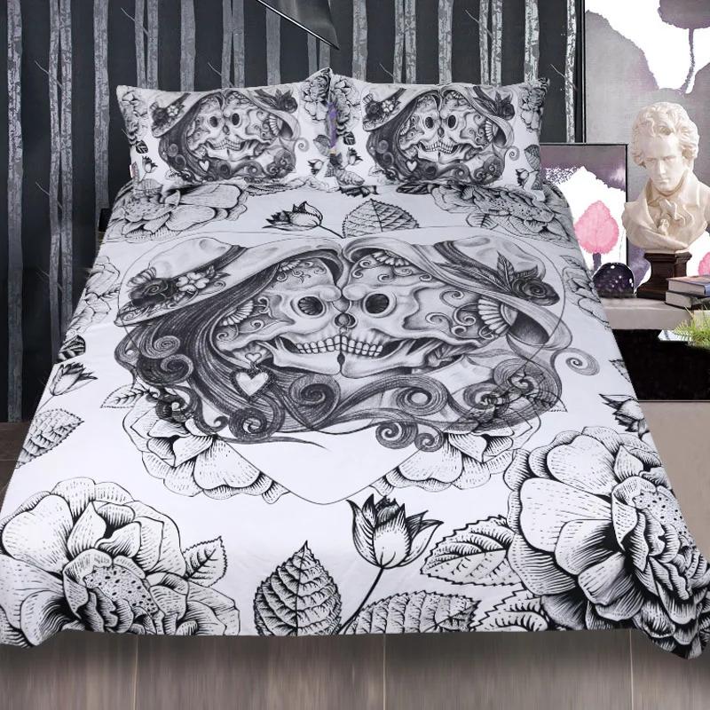 

Lovers Skulls Bedding Set Bed Linens Super Soft Duvet Cover Sets 3D Happy Halloween White Black Pattern Home Textile Set 3 Pcs EU single(135x200cm)