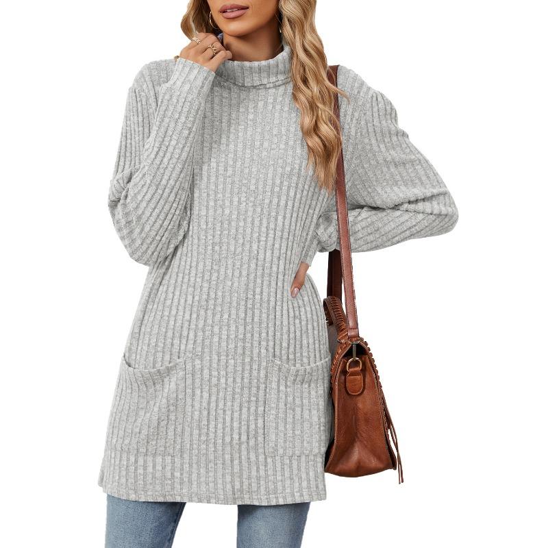 Autumn and Winter Women's Blouse Solid Colour Half-high Neck Long Sleeve Loose Pocket Tops