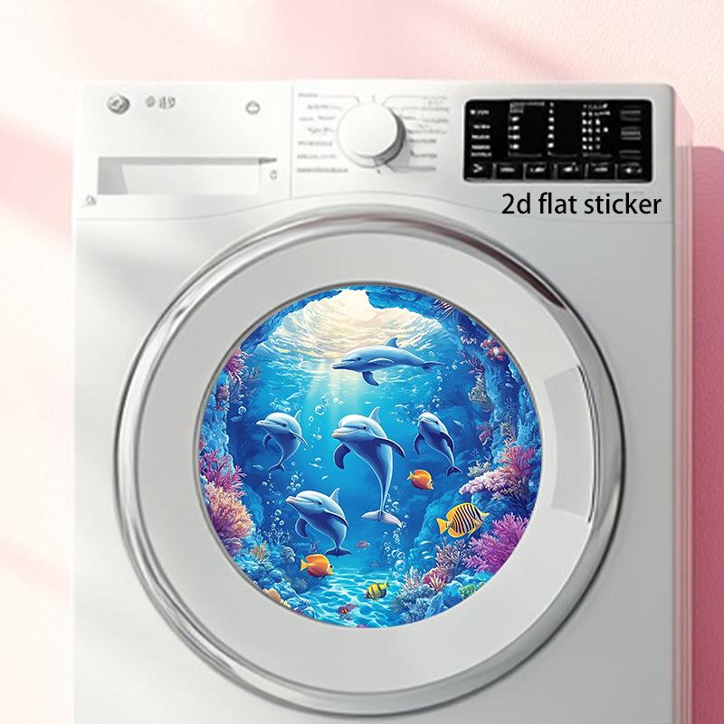 Underwater Dolphin Waves Round Sticker - Removable PVC Laundry/Balcony Decor