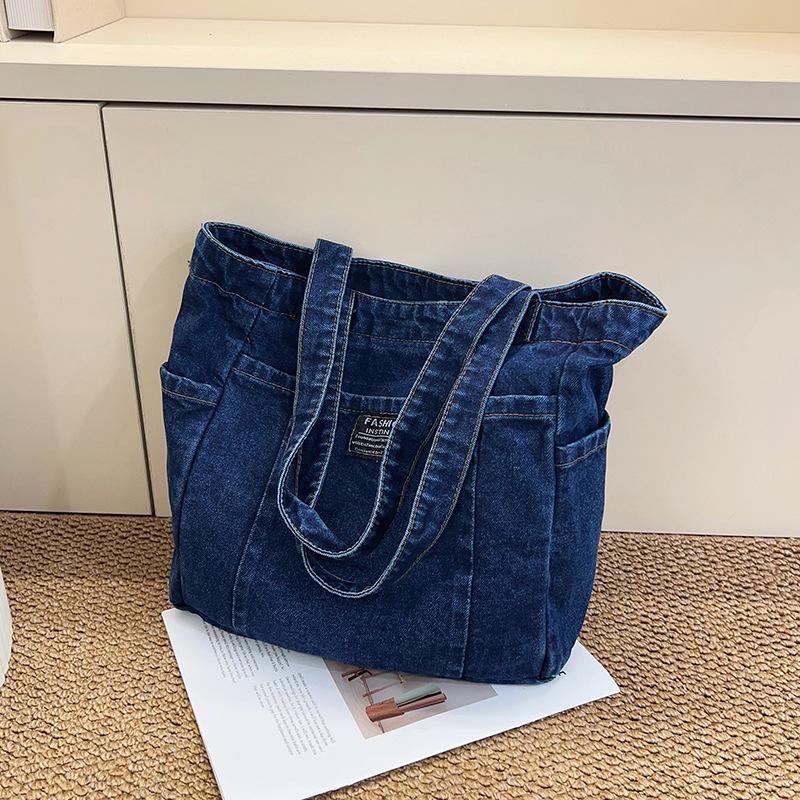 Vintage Washed Denim Shoulder Bags for Women Large Capacity Simple Ladies Tote Bag Casual Versatile Thread Design Female Handbag