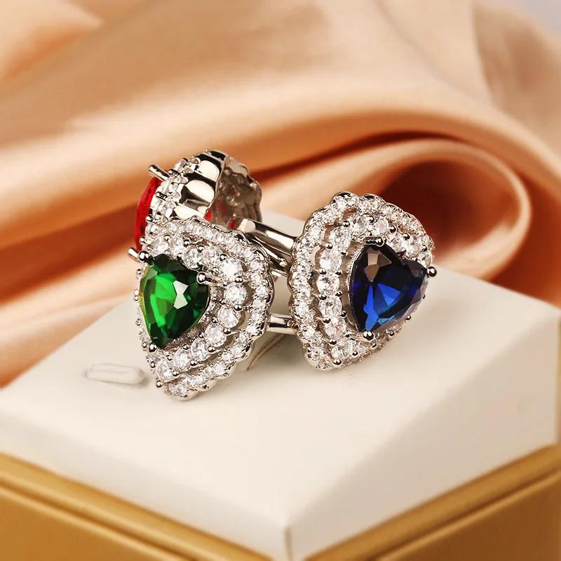 Exquisite Charm Blue Red Green Heart Zircon  Sterling Silver Ring For Women Fashion Wedding Gift  Anillos Mujer