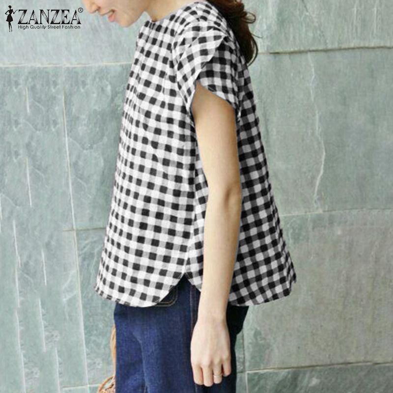

ZANZEA Летняя повседневная блузка с круглым вырезом и оборками на рукавах и клетчатым принтом — модный женский сезонный стиль