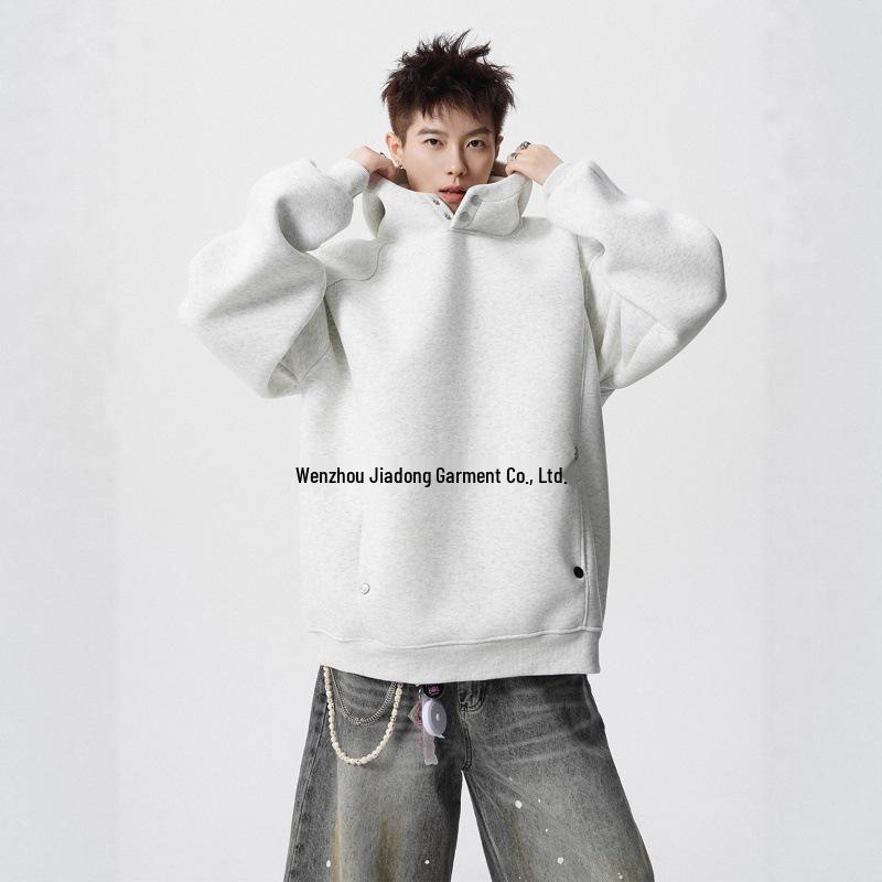 Men's American-Style Heavyweight Half-High Collar Button-Up Hoodie - Autumn/Winter Trendy, Loose Fit, Plus Velvet, Thickened Jacket.