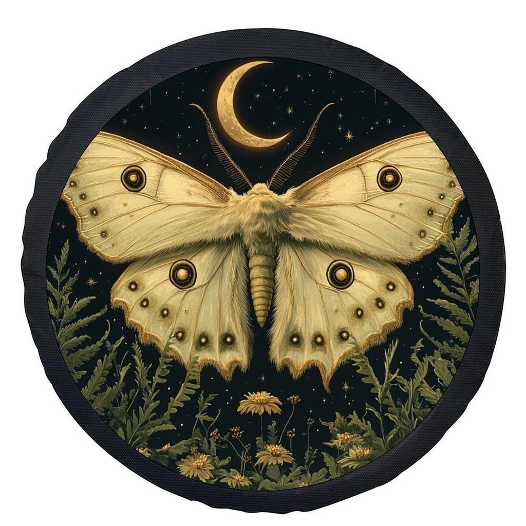 1pc Moonlit Moth Themed Tire Cover | Trendy Universal Wheel Cover, Polyester Material, Suitable For Most Car Wheels