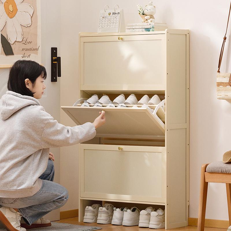 Slim Vertical Shoe Cabinet with Multi-Layer Storage and Doors