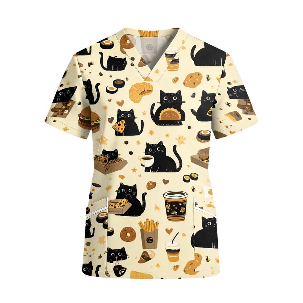 Top de Trabajo para Mujer con Cuello en V de Manga Corta y Bolsillos Estampado de Dibujos Animados Camisa de Uniforme Médico Ajuste Cómodo Tejido Duradero Adecuado para Profesionales de la Salud