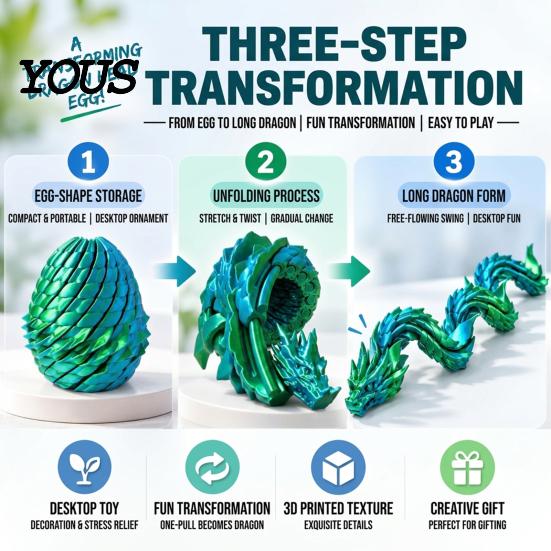 Desktop Decorative Ornament 3D Printed Articulated Dragon Fidget Toy, Twist Eggs, Slippery Stress Relief Toy Egg Flexible Desk for Home Office