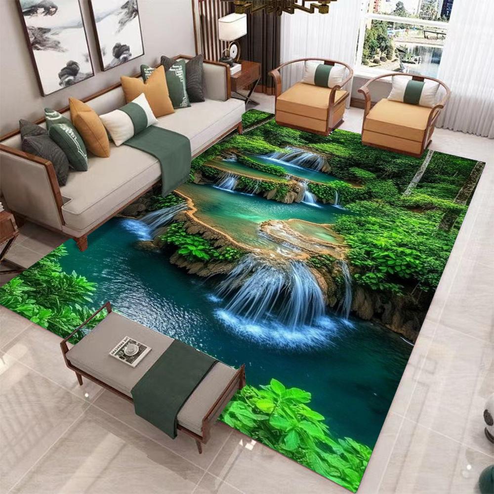 Realistyczny dywan 3D Santorini i Góra Śnieżna, naturalny krajobraz, mata, dywanik - nowoczesny wystrój domu do salonu, dywan do sypialni