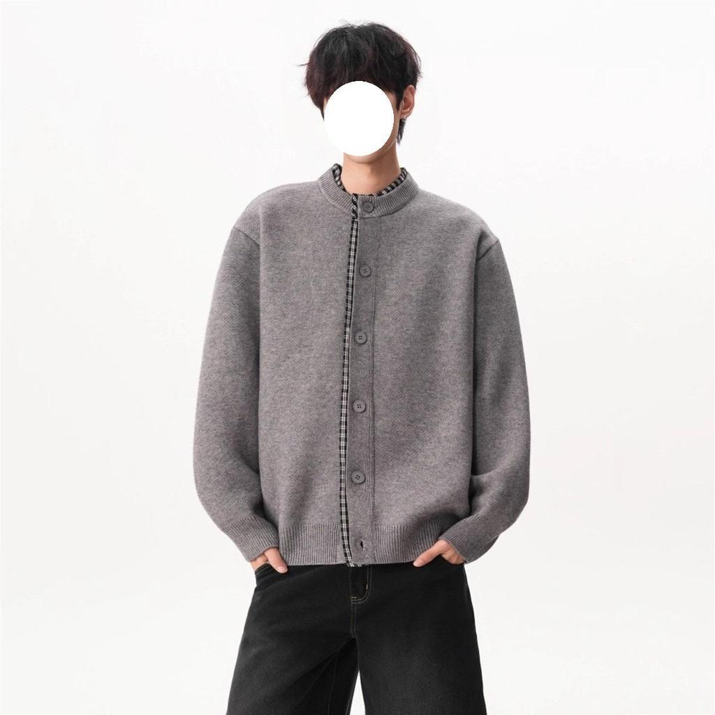 Men's Retro Patchwork Knit Cardigan - Autumn/Winter Trendy Loose Fit, Casual Button-Up Two-Piece Sweater.