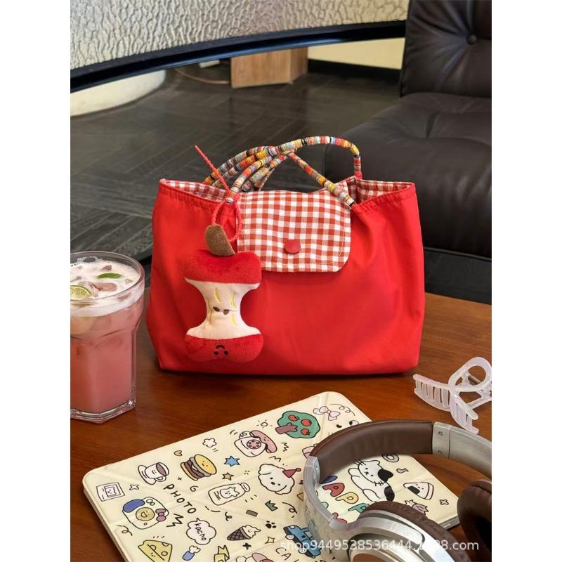 

New large-capacity red shoulder hand-held plaid canvas bag versatile student commuter leisure tote bag women