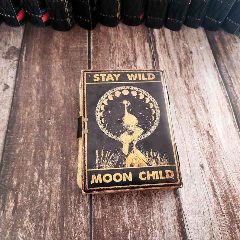 Stay Wild Moon Child Printed Leather Journal, Leather dairy, Wedding gift, Deckle page leather sketchbook, Dream Journal, Personalized Gift.