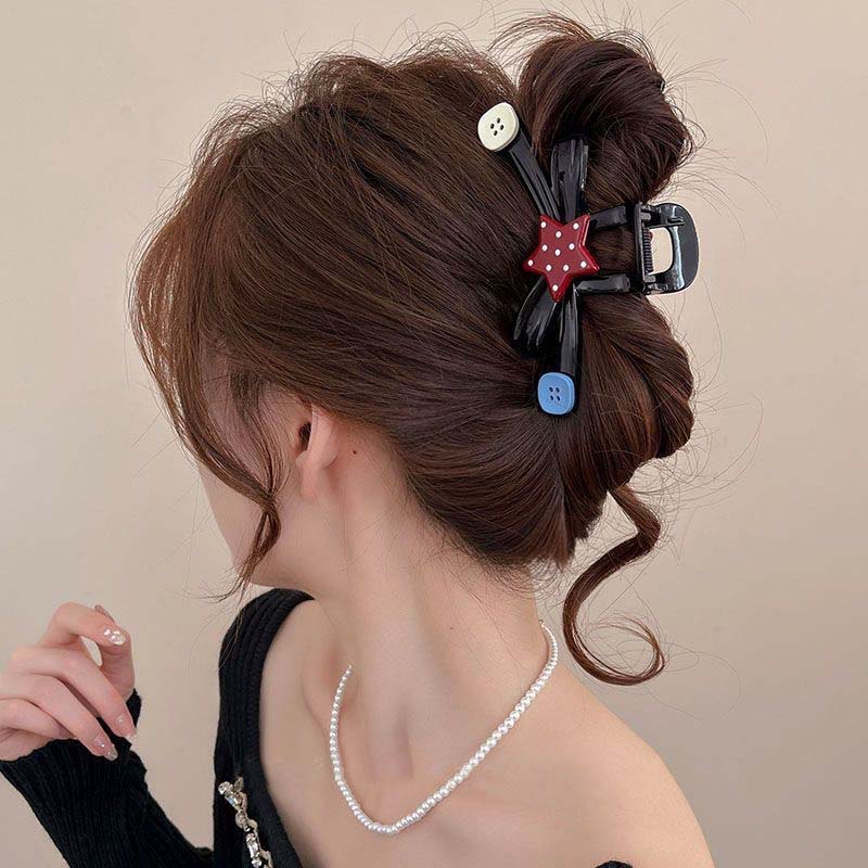 Korean Red Point Star Bowknot Hair Claw Clip for Women Sweet Acrylic Large Shark Clip Ponytail Headwear Hair Accessories