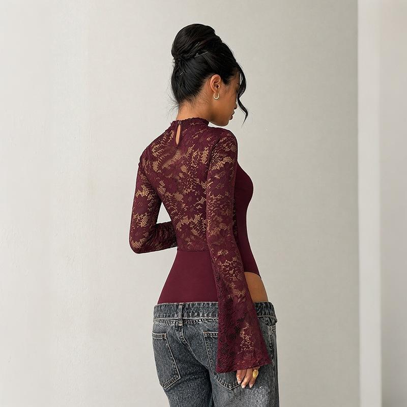 Sexy Tops for Women Hollow Long Sleeve Lace Bodysuit Top Bodycon Party Club Outfits