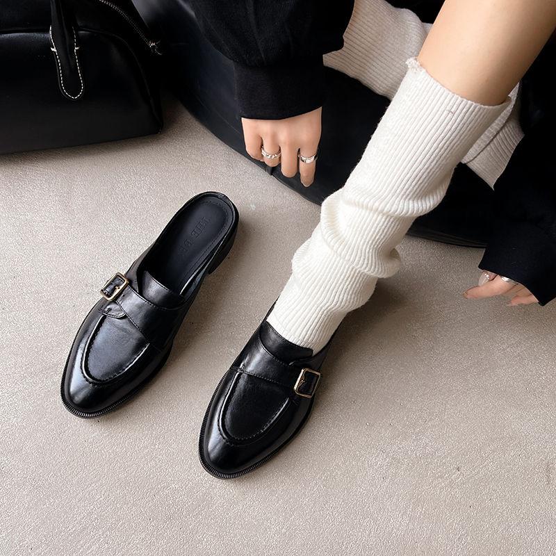 Fashion 2025 Women's New Spring/Summer Retro Round Toe Genuine Leather Sheepskin Headband Comfortable Mid Heel Large Muller Slippers