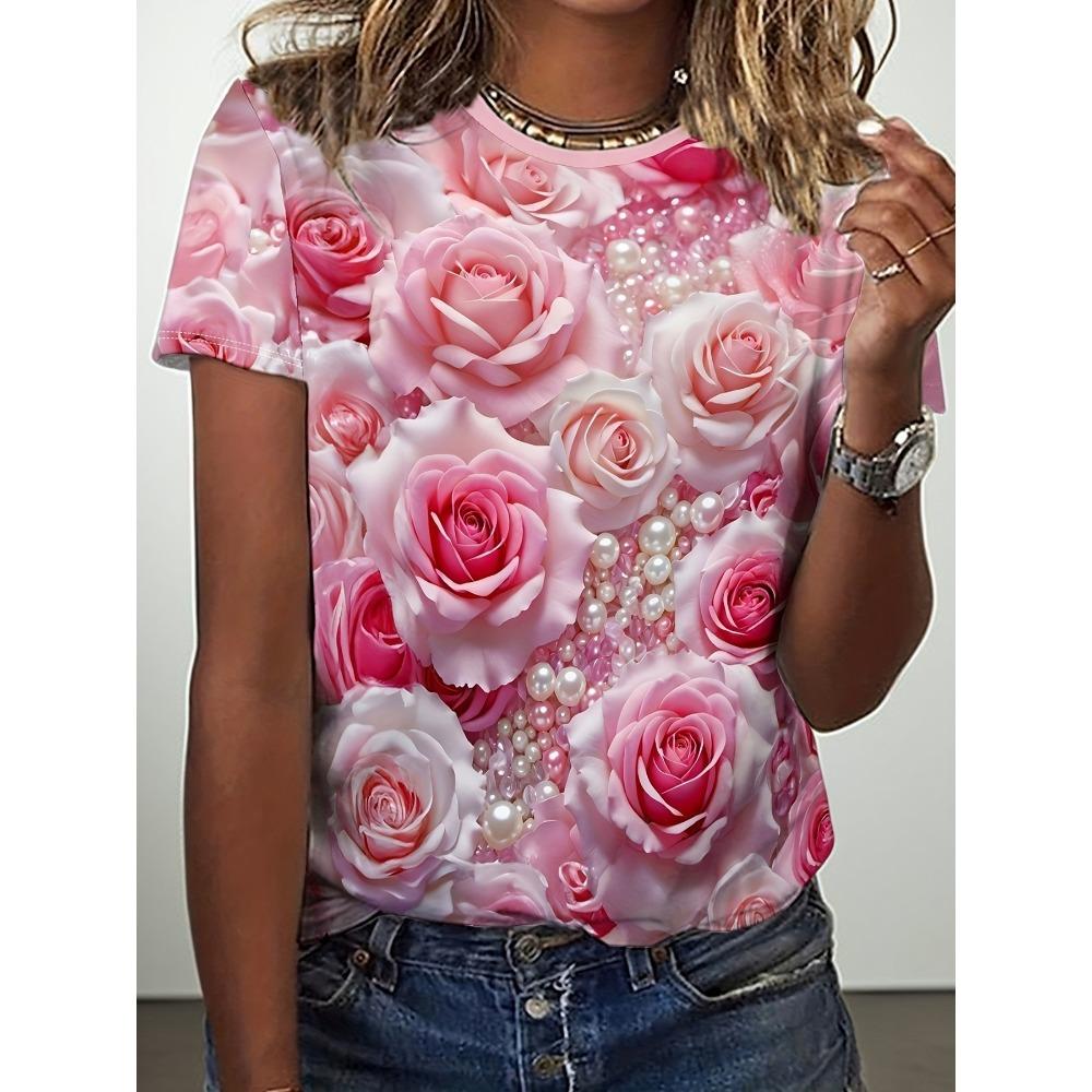 

Floral print round neck T-shirt summer casual short sleeved top 5XL