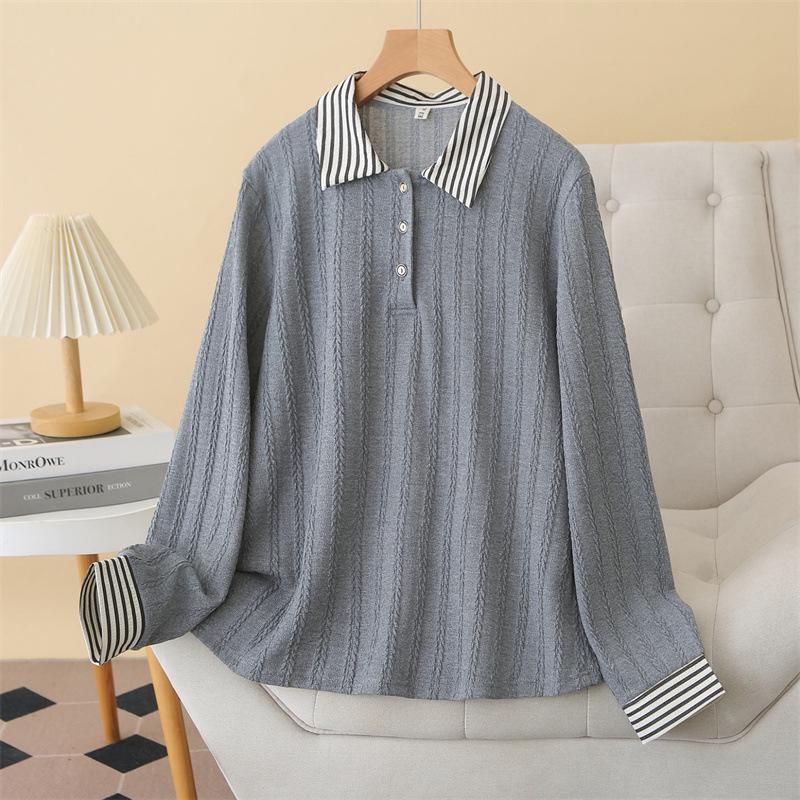 

2026 Spring Plus Size Women s Lapel Long Sleeve Jacquard Pullover Casual T-shirt 4XL сірий