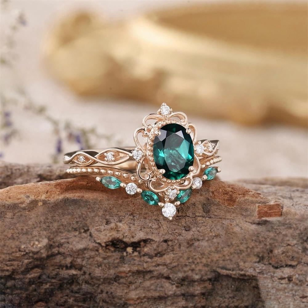 2Pcs/Set Fashion Rose Gold Color Rhinestone Zircon Rings For Women Green Crystal Rings Wedding Engagement Jewelry Gifts