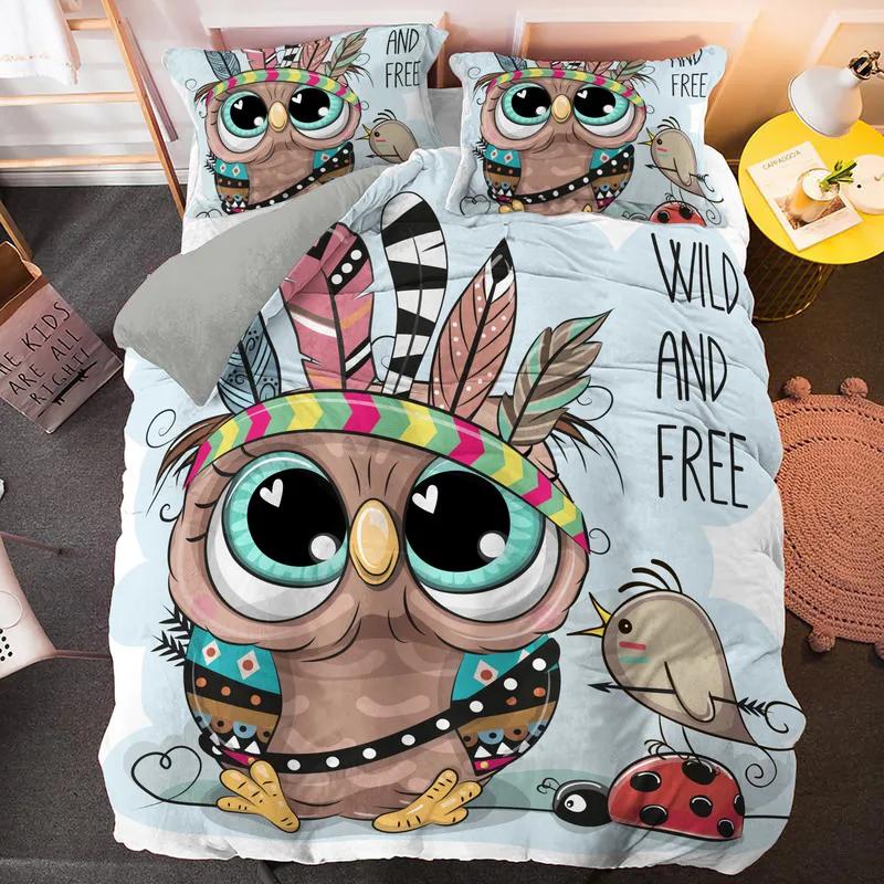 Kawaii Cartoon Owl Duvet Cover Set Full Queen King Size Owl Bedding Set for Girls Boys Brown Owl Cartoon Animal Comforter Cover