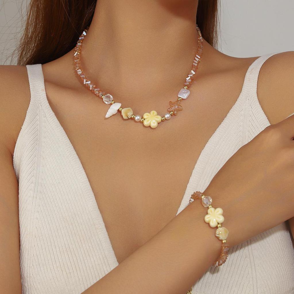 Set Collana e Bracciale Stella Marina in Cristallo per Vacanze al Mare Europeo-Americano